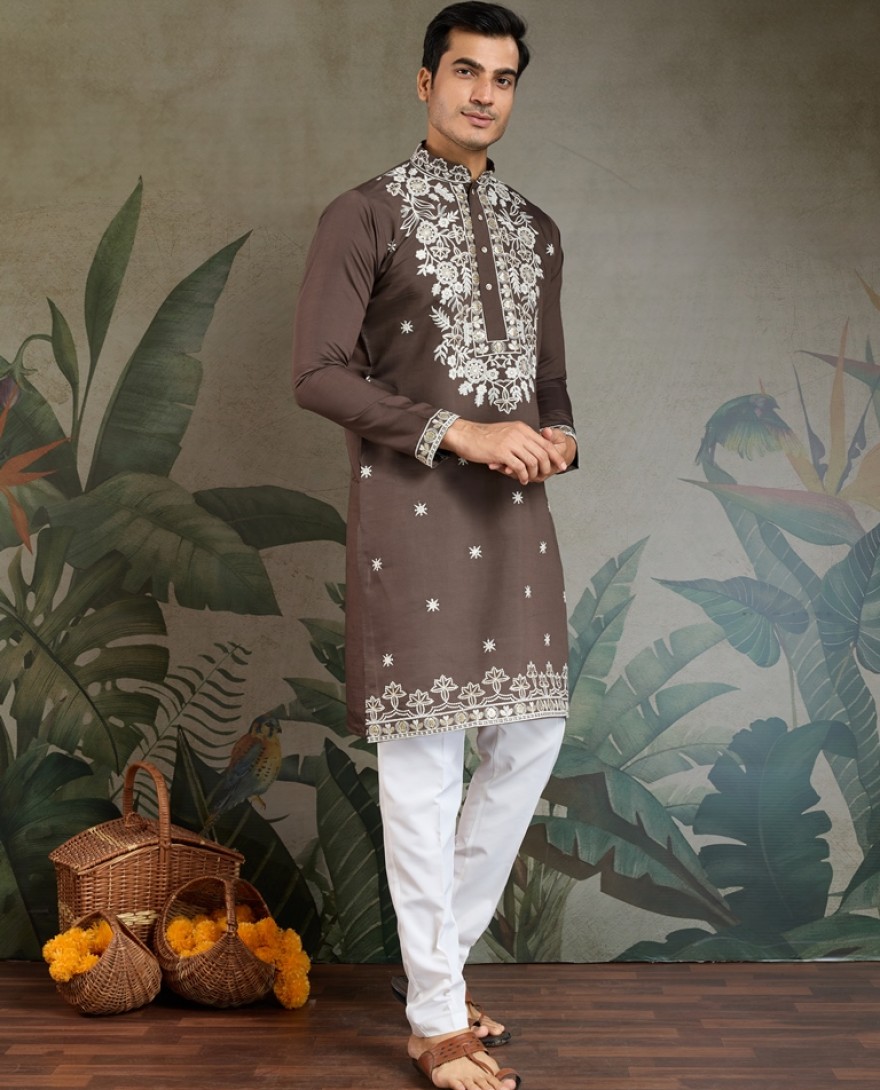 61322-brown - Brown Thread & Sequence Hand Embroidered Men’s Kurta Set